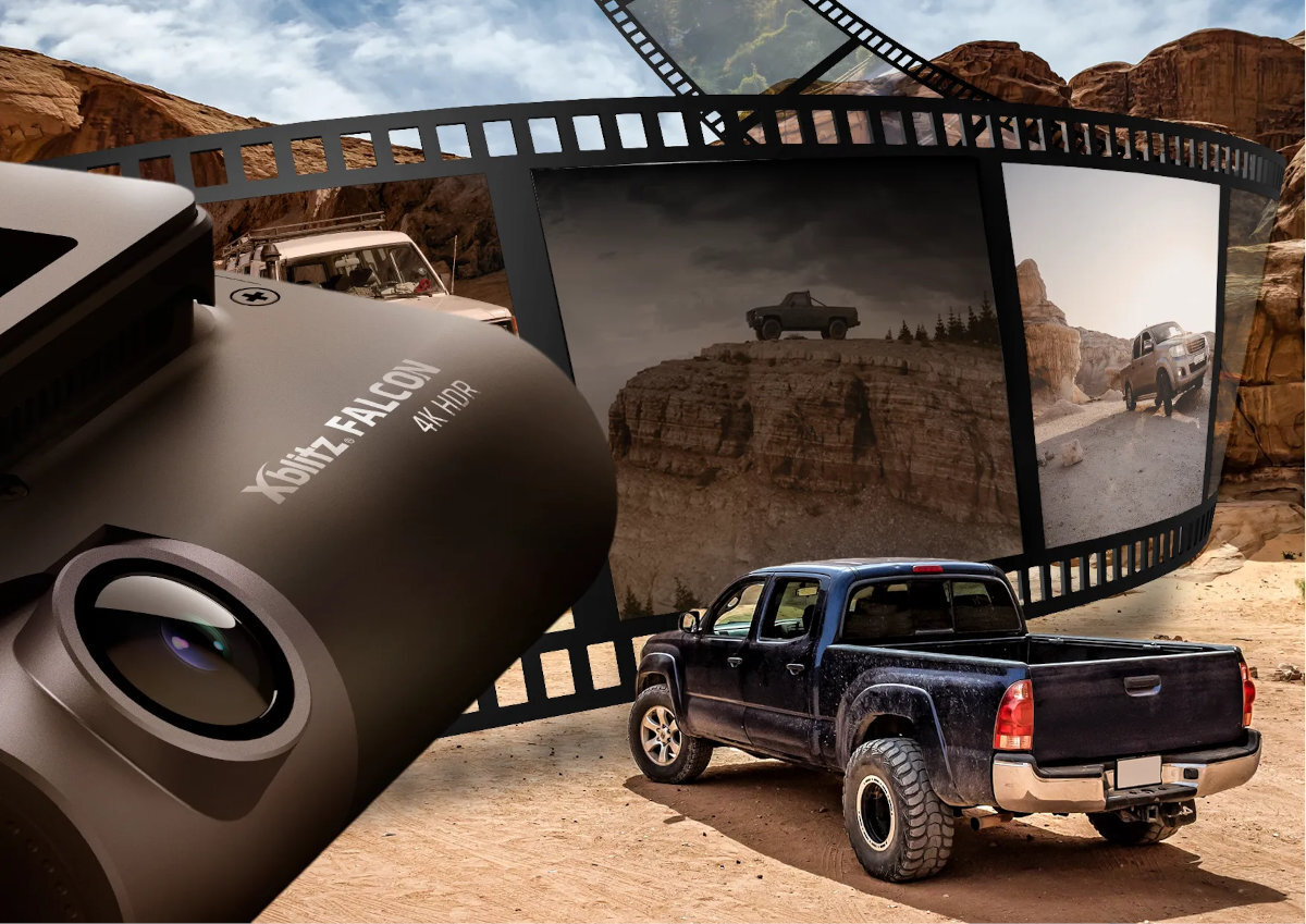 XBLITZ Falcon Xblitz Falcon trybie ciągłym nadpisując najstarsze pliki karta pamięci bez potrzeby ręcznego usuwania nagrań czujnikowi G - Terenowy samochód na pustynnym klifie, wspomnienia wyprawy wyrażone taśmą filmową na tle skalnej krainy