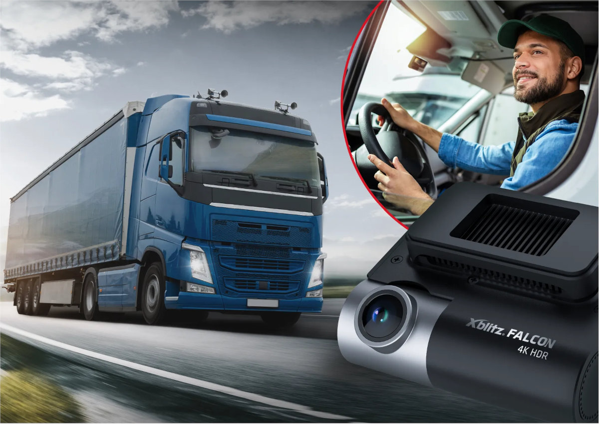 XBLITZ Falcon Xblitz Falcon samochodach osobowych ciężarówki - tir na szosie, kierowca w kabinie, kamera Falcon