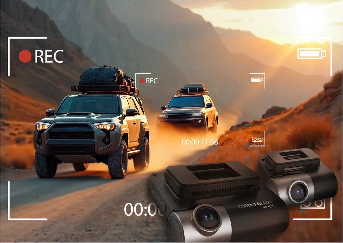 XBLITZ Falcon Xblitz Falcon jakości 4K UHD przed, jak i za pojazdem miejskich ulicach długie dystanse ostrość, naturalne kolory i przejrzystość tablice rejestracyjne, znaki drogowe - dwa auta terenowe na górskiej drodze o zachodzie słońca, nagrywanie podróży off-road