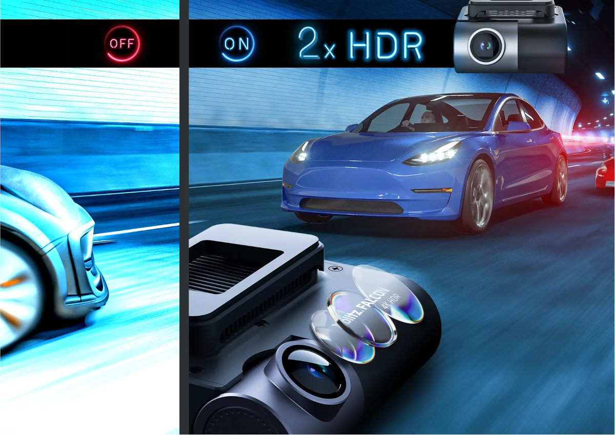 XBLITZ Falcon Xblitz Falcon Technologia Super HDR wyrównuje różnice między jasnymi i ciemnymi obszarami - samochód jadący tunelem nocą, porównanie nagrania z HDR oraz bez funkcji HDR