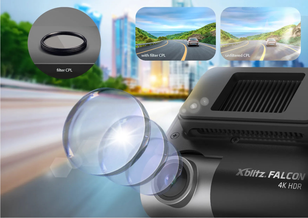 XBLITZ Falcon filtr polaryzacyjny CPL ogranicza refleksy i niepożądane odbicia znaków drogowych po sylwetki pojazdów - Porównanie widoku samochodu na drodze z filtrem CPL i bez filtra, poprawa jakości nagrania