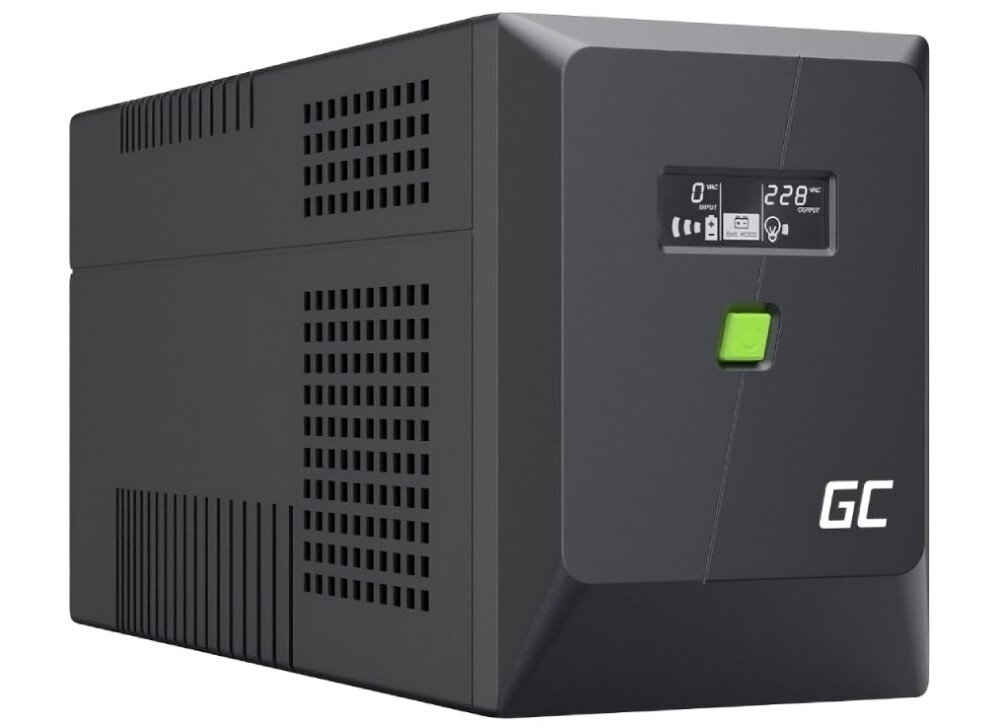 Zasilacz UPS GREENCELL UPSLM1200 Czarne urządzenie o prostokątnej obudowie z otworami wentylacyjnymi, wyświetlaczem LCD i zielonym przyciskiem na froncie pokazane na białym tle, czas przełączania, typ, charakterystyka