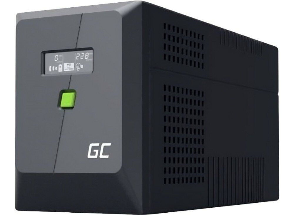 Zasilacz UPS GREENCELL UPSLM1200 Czarne urządzenie o kanciastych kształtach z wyświetlaczem LCD i zielonym przyciskiem na froncie pokazane z lewej strony na białym tle, obudowa, wytrzymałość