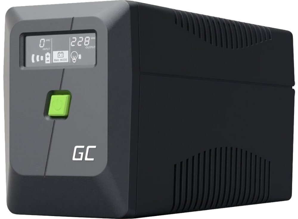 Zasilacz UPS GREENCELL UPSLM480 Zbliżenie na czarny zasilacz o prostokątnym kształcie, z ekranem LCD na przodzie i zielonym przyciskiem z symbolem zasilania, topologia, stabilizator napięcia, czas przełączenia