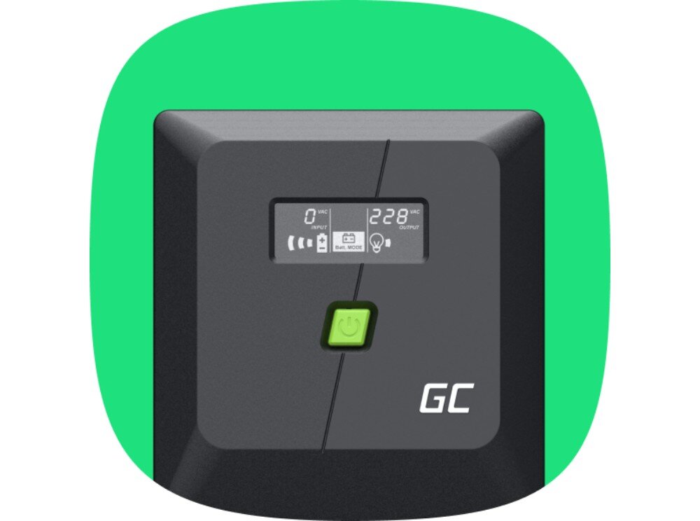 Zasilacz UPS GREENCELL UPSLM480 Widok z góry na przedni panel czarnego zasilacza z wyświetlaczem i zielonym przyciskiem, tło ma kolor zielony, wyświetlacz, aplikacja
