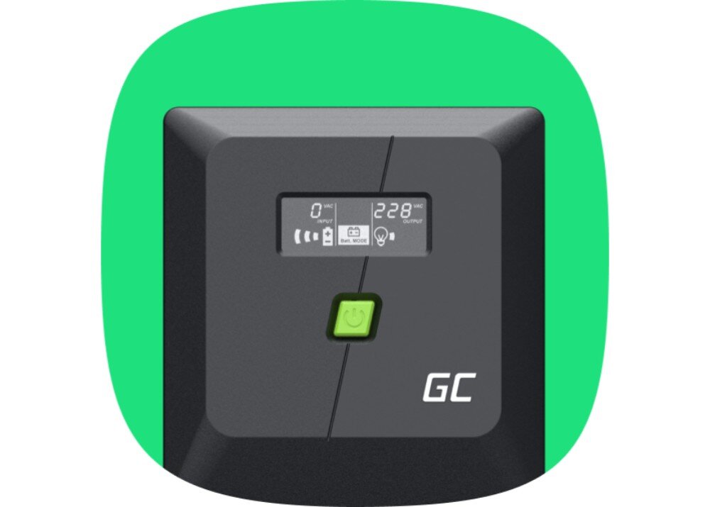 Zasilacz UPS GREENCELL UPSLP700 Widok z góry na czarne urządzenie z wyświetlaczem LCD i zielonym przyciskiem z symbolem zasilania na tle zielonego prostokąta, wyświetlacz, obsługa, aplikacja