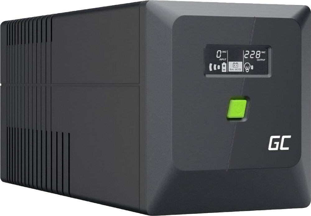 Zasilacz UPS GREENCELL UPSLM600 Czarne urządzenie o prostokątnej obudowie z otworami wentylacyjnymi, wyświetlaczem LCD i zielonym przyciskiem na froncie pokazane na białym tle, czas przełączania, typ, charakterystyka