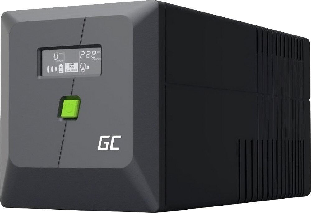 Zasilacz UPS GREENCELL UPSLM600 Czarne urządzenie o kanciastych kształtach z wyświetlaczem LCD i zielonym przyciskiem na froncie pokazane z lewej strony na białym tle, obudowa, wytrzymałość
