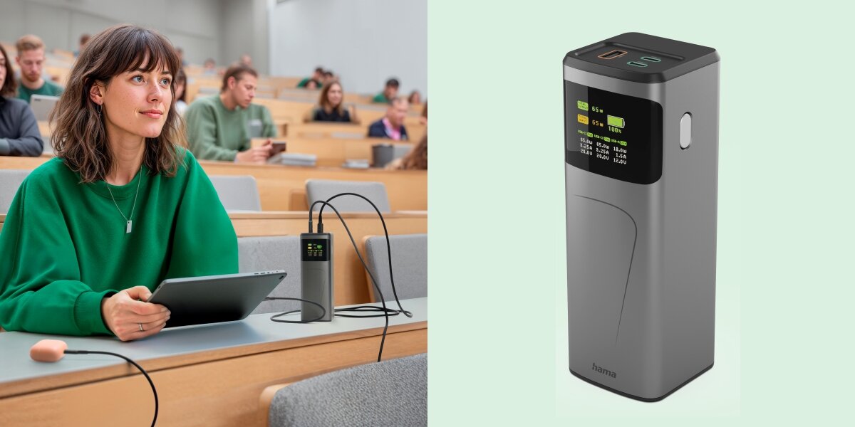 Kobieta ładująca tablet w auli wykładowej za pomocą powerbanku Hama (z lewej). Z prawej pionowy widok powerbanku z ekranem LCD.