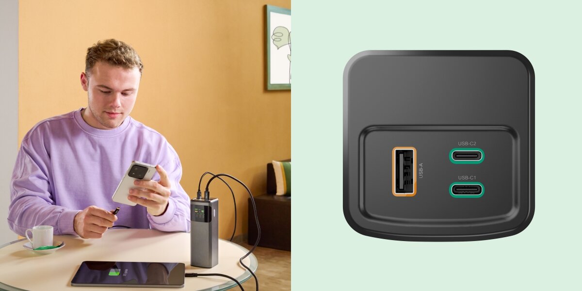 Mężczyzna ładujący smartfon i tablet za pomocą powerbanku Hama w kawiarni (z lewej). Z prawej zbliżenie na porty: 1x USB-A (pomarańczowy) i 2x USB-C (zielone).