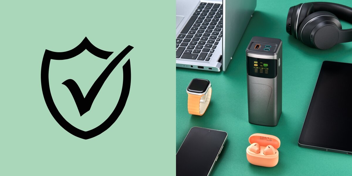 Ikona tarczy z haczykiem symbolizująca bezpieczeństwo ładowania (z lewej). Z prawej powerbank Hama otoczony ładowanymi urządzeniami.