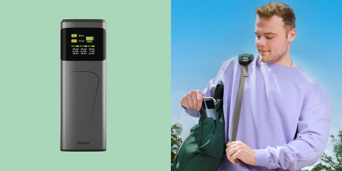 Powerbank Hama z wyświetlaczem LCD (z lewej). Z prawej młody mężczyzna chowający powerbank do plecaka, sugerujące mobilne zastosowanie.