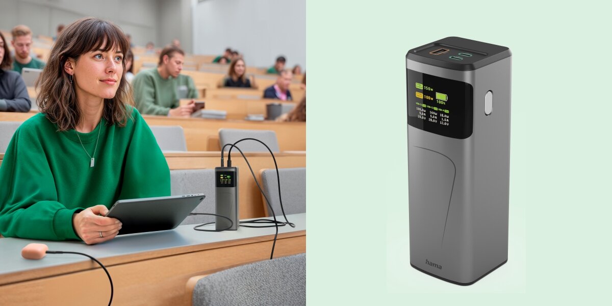 Kobieta studentka ładująca tablet w auli wykładowej za pomocą powerbanku Hama (z lewej). Z prawej pionowy powerbank z portami USB-C i USB-A oraz wyświetlaczem.
