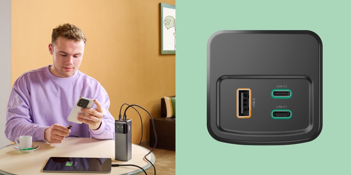 Mężczyzna ładujący smartfon i tablet za pomocą powerbanku Hama w kawiarni (z lewej). Z prawej zbliżenie na porty: 1x USB-A i 2x USB-C na górze powerbanku.