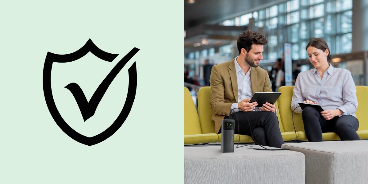 Ikona tarczy z haczykiem symbolizująca bezpieczeństwo ładowania (z lewej). Z prawej para podróżnych ładująca urządzenia powerbankiem w poczekalni lotniska.