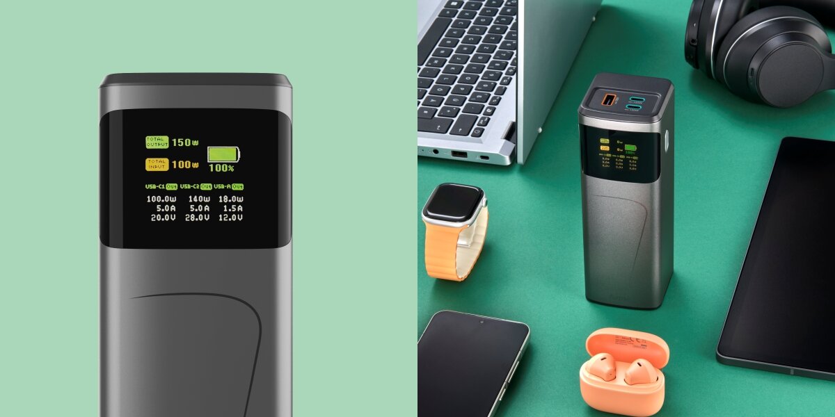 Zbliżenie na wyświetlacz powerbanku pokazujący status (150W, 100% baterii) (z lewej). Z prawej powerbank Hama otoczony ładowanymi urządzeniami na zielonym tle.