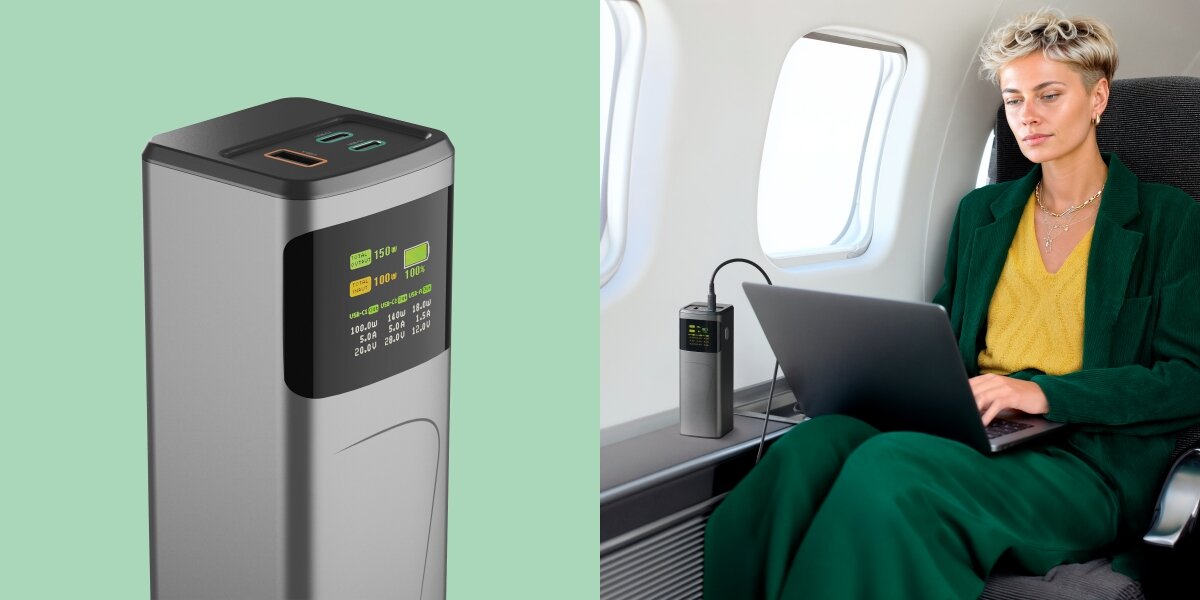 Zbliżenie na powerbank z wyświetlaczem, ukazujące szczegóły stanu naładowania i mocy (z lewej). Z prawej kobieta ładująca laptopa w samolocie.