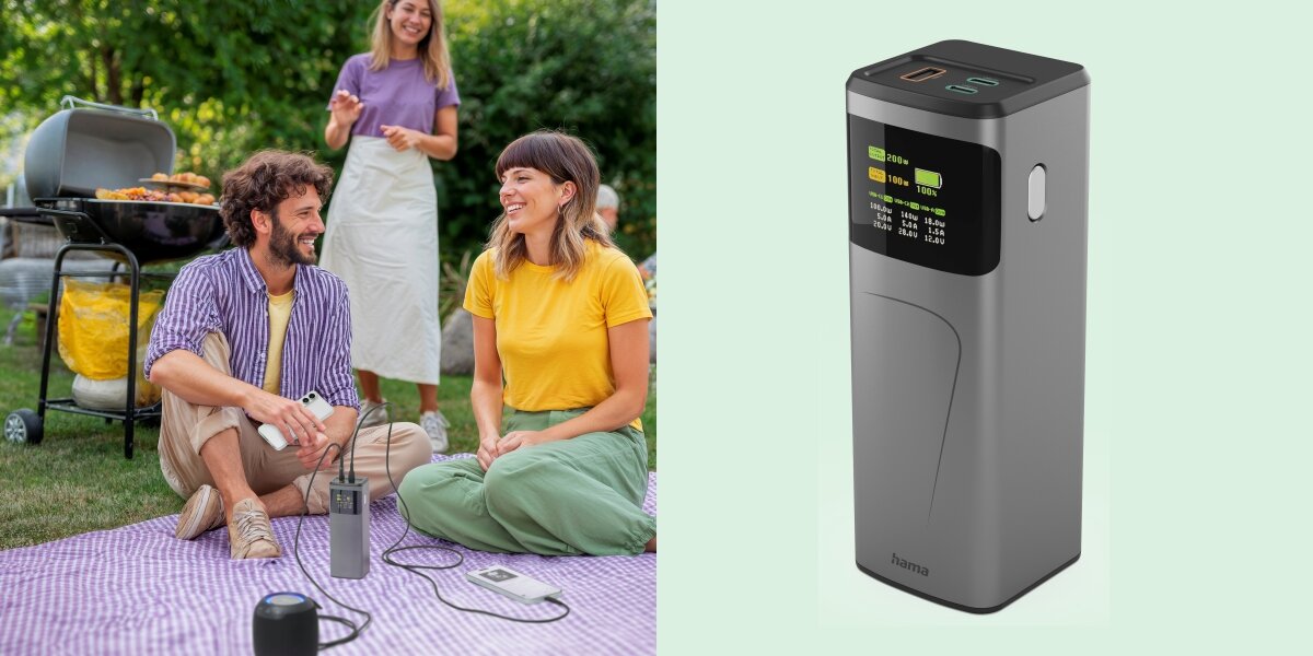 Przenośna stacja zasilania Hama Powerbank (Powerstation) ładująca telefon i głośnik na pikniku w ogrodzie. Mężczyzna i kobieta siedzą na kocu przy grillu, w tle uśmiechnięta kobieta w fioletowej koszulce. Widok szczegółowy na wyświetlacz Powerbanku z informacją o całkowitej mocy 200W.