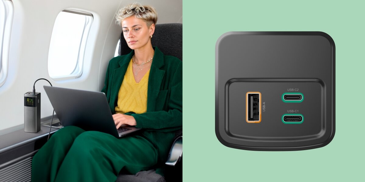 Kobieta ładująca laptopa w samolocie przy pomocy przenośnej stacji zasilania Hama Powerbank (Powerstation). Widok szczegółowy na panel portów Powerbanku z jednym gniazdem USB-A (pomarańczowym) i dwoma gniazdami USB-C (C1 i C2) (zielonymi).