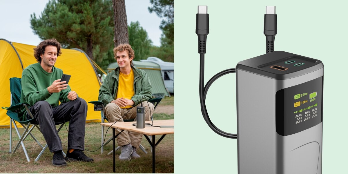 Przenośna stacja zasilania Hama Powerbank (Powerstation) ładowana na kempingu. Dwóch mężczyzn siedzi na krzesłach turystycznych przy małym stoliku obok namiotu. Jeden z nich korzysta z telefonu, a Powerbank ładuje się obok. Widok szczegółowy z boku na Powerbank z podłączonymi dwoma kablami USB-C.