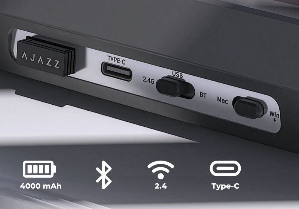 Klawiatura AJAZZ AK820 Pro RGB Panel boczny z portem Type-C, przełącznikami trybu pracy '2.4G/USB/BT' i systemu 'Mac/Win' oraz ikonami baterii 4000 mAh i łączności bezprzewodowej, łączność, bateria