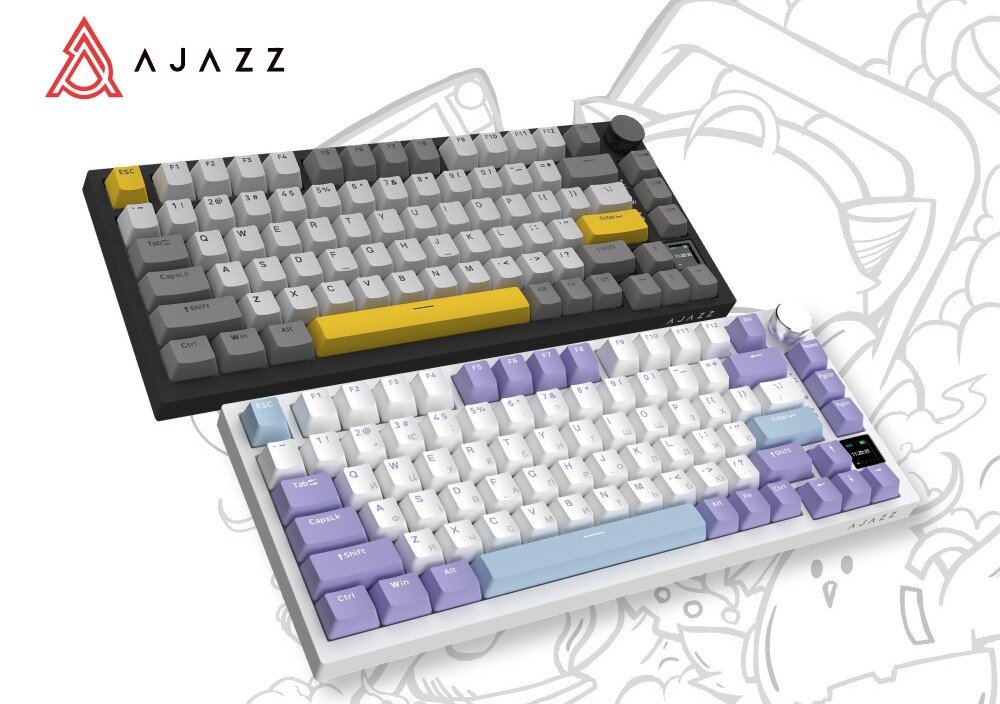 Klawiatura AJAZZ AK820 Pro RGB Dwie klawiatury mechaniczne marki Ajazz, szaro-czarna z żółtymi akcentami oraz biało-fioletowa z błękitnymi elementami, widoczne od góry pod kątem, opis