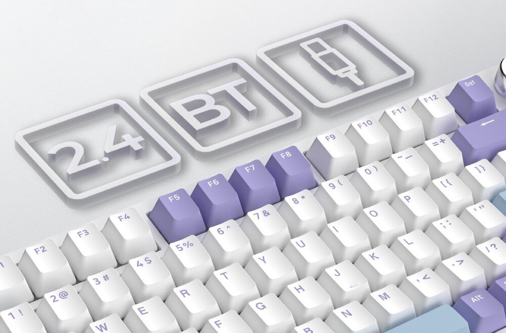 Klawiatura AJAZZ AK820 Pro RGB Panel boczny z portem Type-C, przełącznikami trybu pracy '2.4G/USB/BT' i systemu 'Mac/Win' oraz ikonami baterii 4000 mAh i łączności bezprzewodowej, łączność, bateria