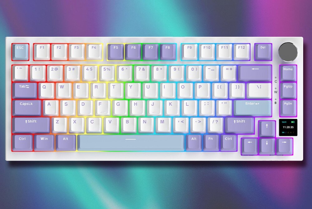 Klawiatura AJAZZ AK820 Pro RGB Klawiatura mechaniczna w układzie kompaktowym, z ciemnoszarą obudową, jasnoszarymi klawiszami, trzema żółtymi akcentami, pokrętłem i małym ekranem, podświetlenie, kolory, efekty