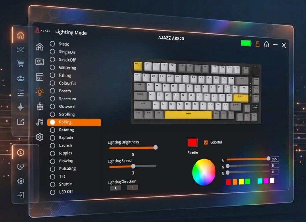 Klawiatura AJAZZ AK820 Pro RGB Zrzut ekranu z programu komputerowego do konfiguracji podświetlenia, prezentujący opcje wyboru efektów świetlnych i paletę kolorów RGB, oprogramowanie, funkcje