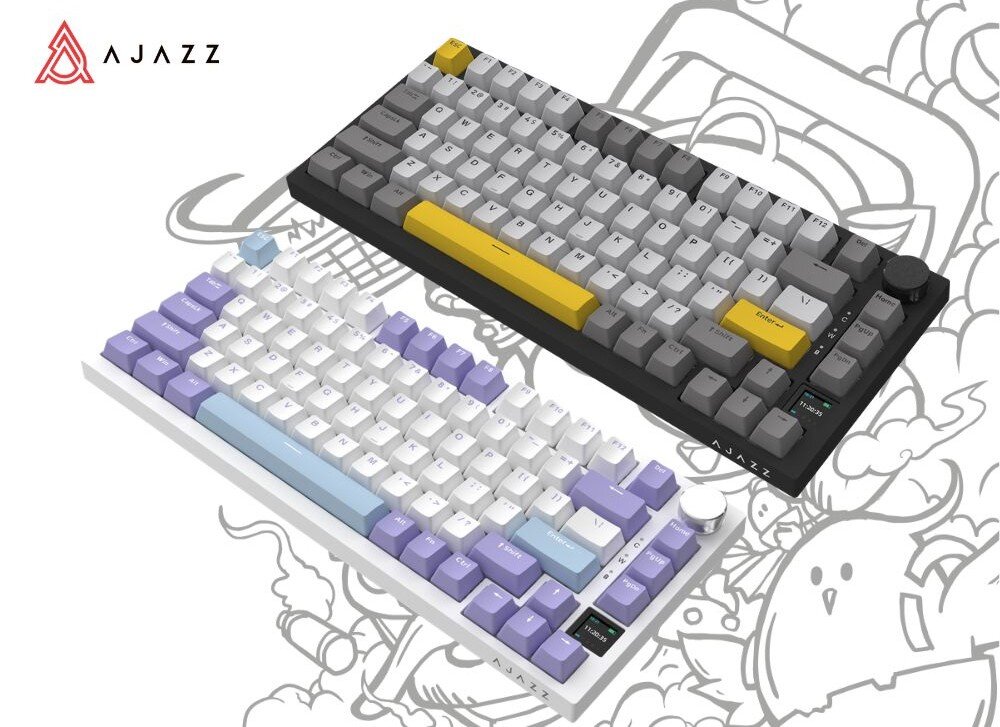 Klawiatura AJAZZ AK820 Pro RGB Dwie klawiatury mechaniczne widoczne w rzucie izometrycznym, jedna w czarno-szarej kolorystyce z żółtymi akcentami, druga w biało-fioletowej z niebieskimi detalami, opis