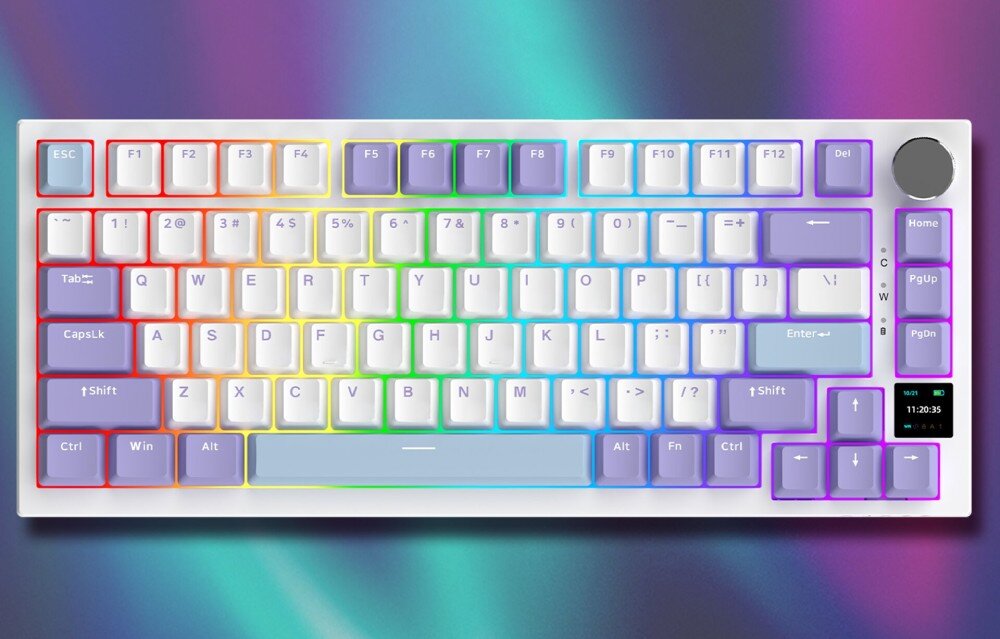 Klawiatura AJAZZ AK820 Pro RGB Widok z góry na czarną klawiaturę mechaniczną z podświetleniem RGB, widoczne są szare i żółte klawisze oraz wyświetlacz w prawym dolnym rogu, podświetlenie, efekty, kolory
