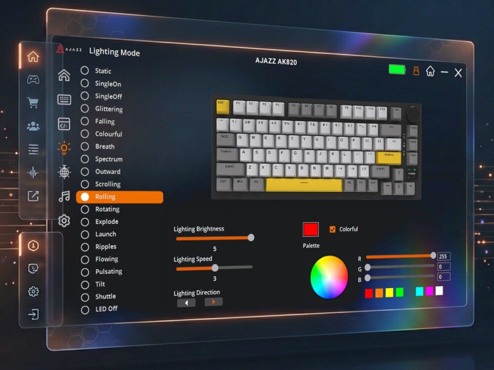 Klawiatura AJAZZ AK820 Pro RGB Zrzut ekranu oprogramowania do konfiguracji klawiatury z listą trybów podświetlenia oraz suwakami do ustawiania jasności, szybkości i palety kolorów RGB, aplikacja, narzędzia