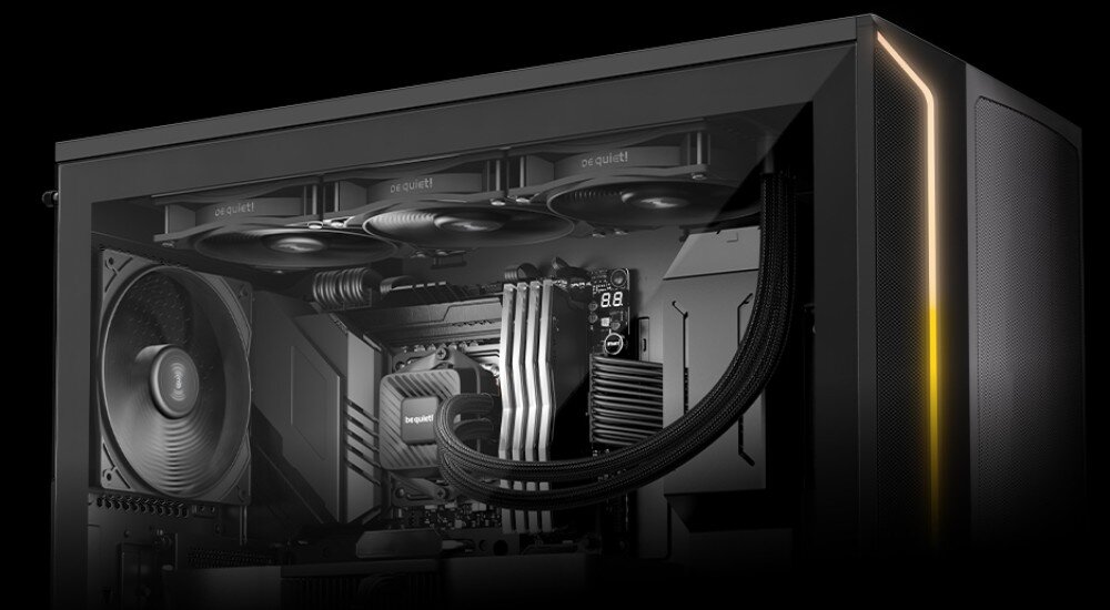 Chłodzenie wodne BE QUIET! Pure Loop 3 360mm Wnętrze komputera z zamontowanym chłodzeniem wodnym z trzema wentylatorami na górze obudowy i podświetleniem LED z przodu obudowy, opis