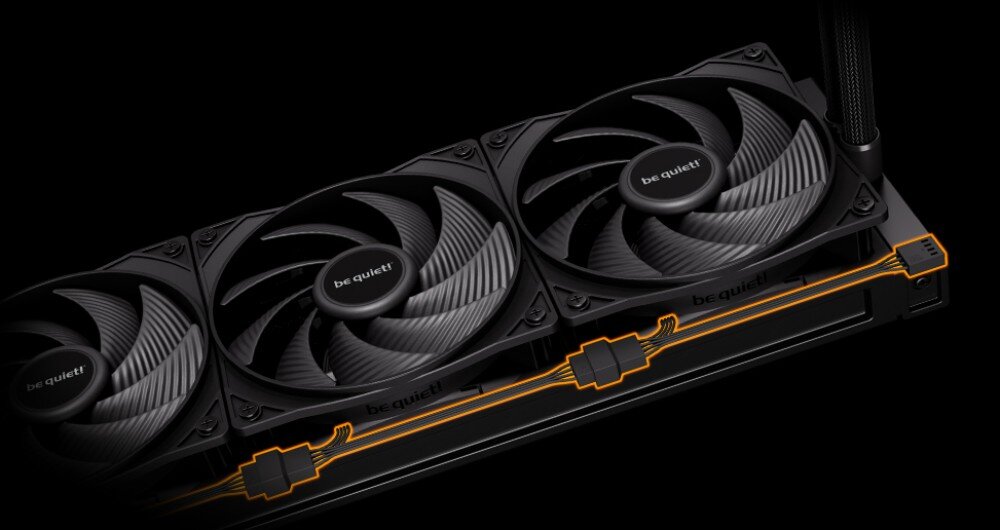 Chłodzenie wodne BE QUIET! Pure Loop 3 360mm Trzy wentylatory zamontowane na radiatorze z zaznaczonymi liniami połączeń kablowych wzdłuż jego krawędzi, podłączenie, funkcja daisy chain, kompatybilność
