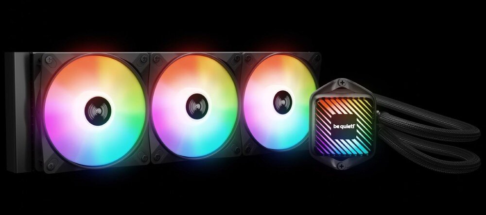 Chłodzenie CPU BE QUIET! Pure Loop 3 LX 360mm Zestaw chłodzenia wodnego z trzema wentylatorami o tęczowym podświetleniu ARGB i prostokątnym blokiem chłodzącym z podświetlonym logo, połączony elastycznymi przewodami, cechy, zalety, podświetlenie