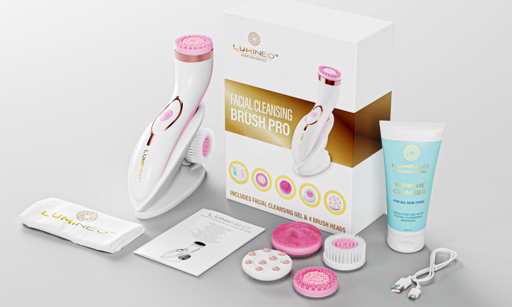 Szczoteczka soniczna do mycia twarzy LUMINEO 8688 Pro Różowy + Żel do skóry delikatnej i wrażliwej 100 ml bogaty zestaw, koniec opisu