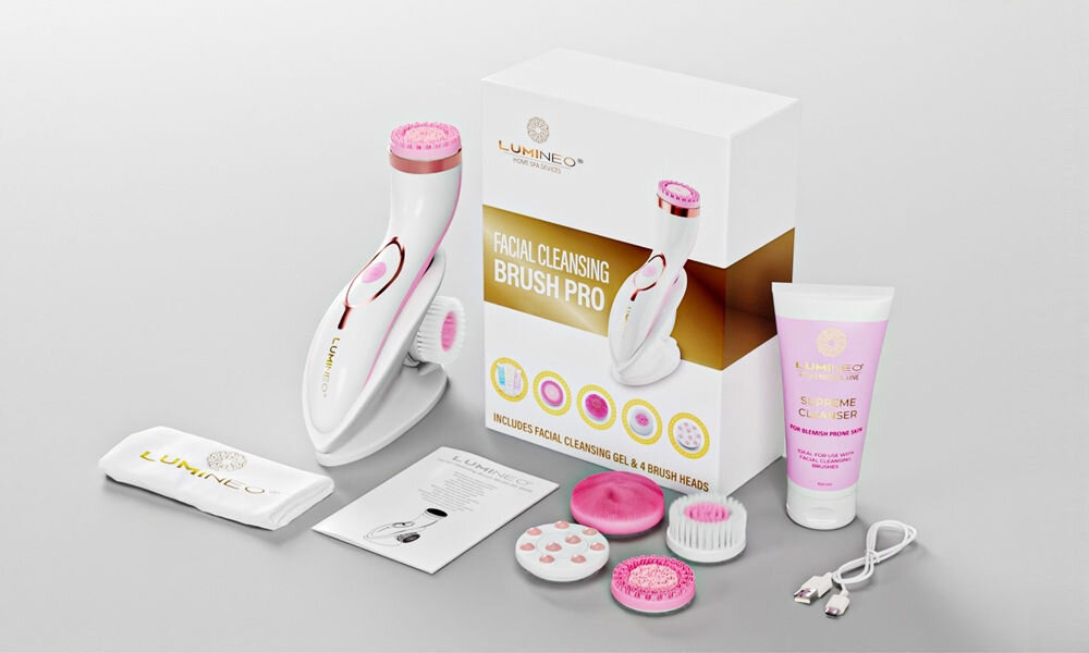 Szczoteczka soniczna do mycia twarzy LUMINEO 8688 Pro Różowy + Żel do skóry trądzikowej i problematycznej 100 ml bogaty zestaw akcesorii, koniec opisu