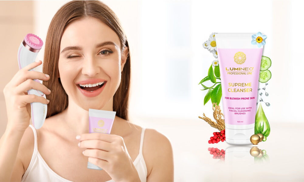 Szczoteczka soniczna do mycia twarzy LUMINEO 8688 Pro Różowy + Żel do skóry trądzikowej i problematycznej 100 ml żel oczyszczający, skuteczne usuwanie zanieczyszczeń, pielęgnacja, odświeżenie skóry, do skóry problematycznej i trądzikowej