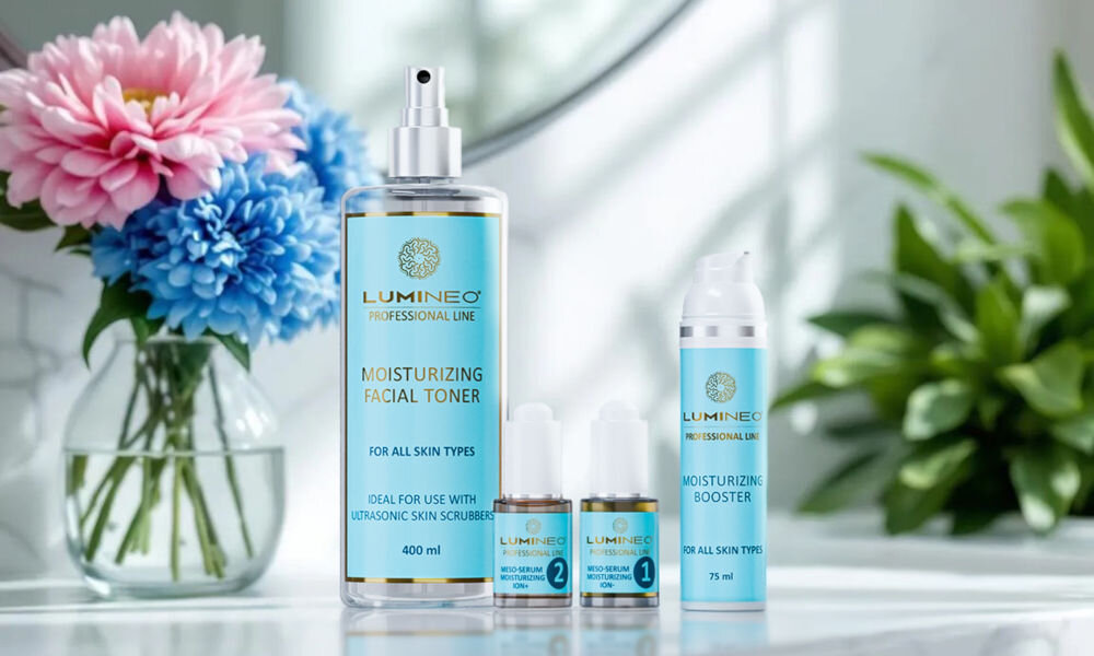 Urządzenie do peelingu kawitacyjnego LUMINEO M22 5w1 + Zestaw nawilżający (Tonik, 2 x Serum, Krem) Butelka Nawilżającego Toniku Do Twarzy LUMNEO (400 ml) i butelka Nawilżającego Boostera LUMINE O (75 ml) oraz dwie małe ampułki MEZO-SERUM w otoczeniu różowych i niebieskich kwiatów w wazonie na tle lustra w łazience.