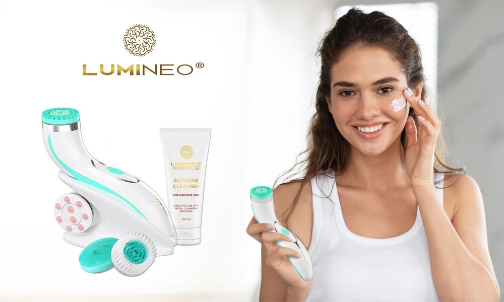 Szczoteczka soniczna do mycia twarzy LUMINEO 8688 Pro Turkusowy + Żel do skóry delikatnej i wrażliwej 100 ml kv początek opisu