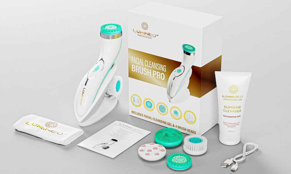 Szczoteczka soniczna do mycia twarzy LUMINEO 8688 Pro Turkusowy + Żel do skóry delikatnej i wrażliwej 100 ml bogaty zestaw, koniec opisu