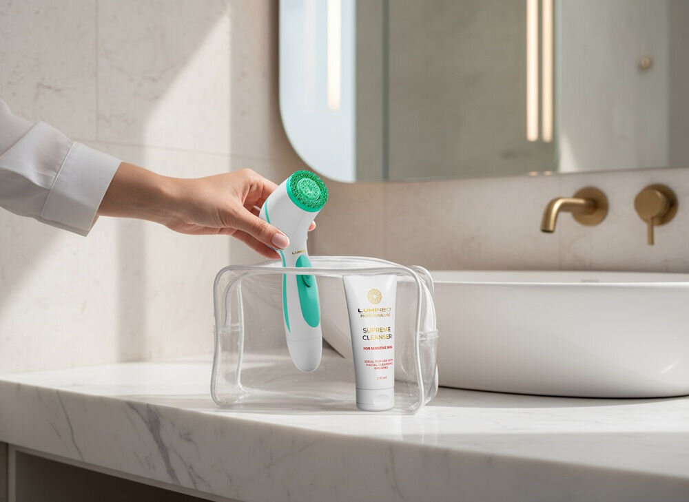 Szczoteczka do twarzy LUMINEO 868 Classic Turkusowy + Żel do skóry delikatnej i wrażliwej 100 ml lekka, poręczna, kompaktowe wymiary, do codziennej pielęgnacji, zawsze pod ręką