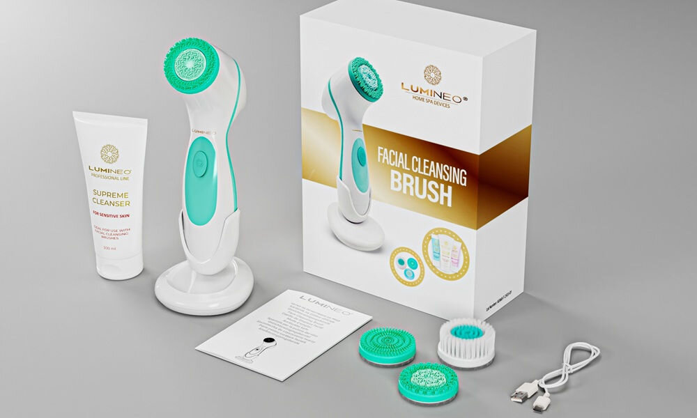 Szczoteczka do twarzy LUMINEO 868 Classic Turkusowy + Żel do skóry delikatnej i wrażliwej 100 ml zawartość zestawu, koniec opisu