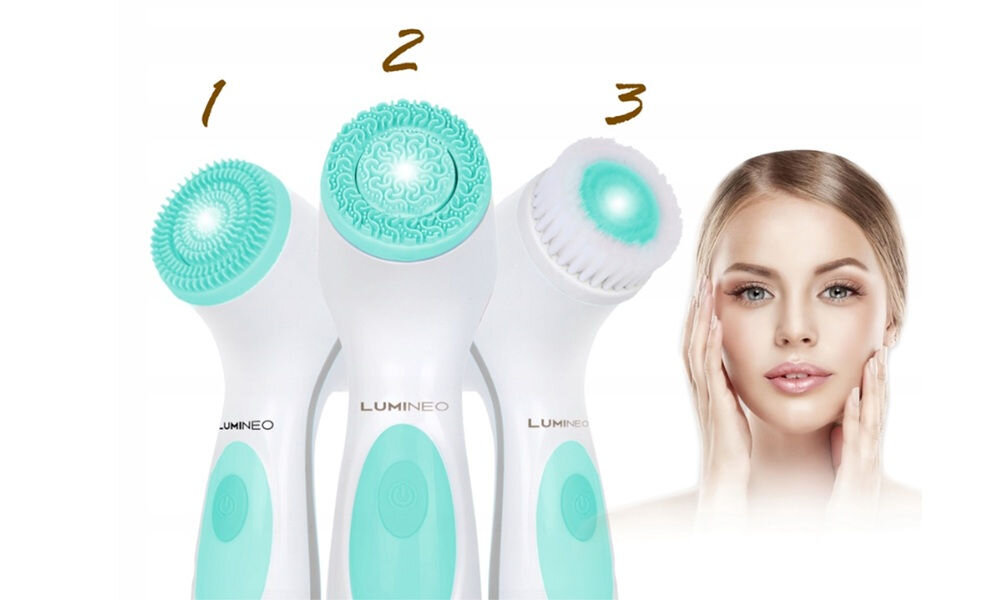 Szczoteczka do twarzy LUMINEO 868 Classic Turkusowy + Żel do skóry delikatnej i wrażliwej 100 ml z higienicznego silikonu, miękkie włosie, bezpieczeństwo i komfort, trzy wymienne głowice
