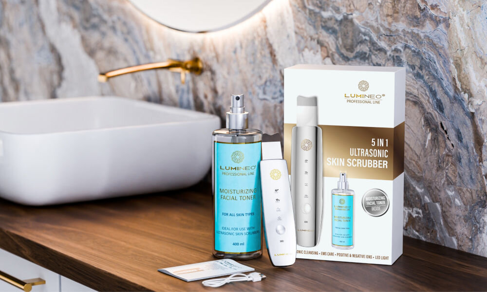 Urządzenie do peelingu kawitacyjnego LUMINEO M22 5w1 + Tonik nawilżający 400 ml zawartość zestawu, koniec opisu