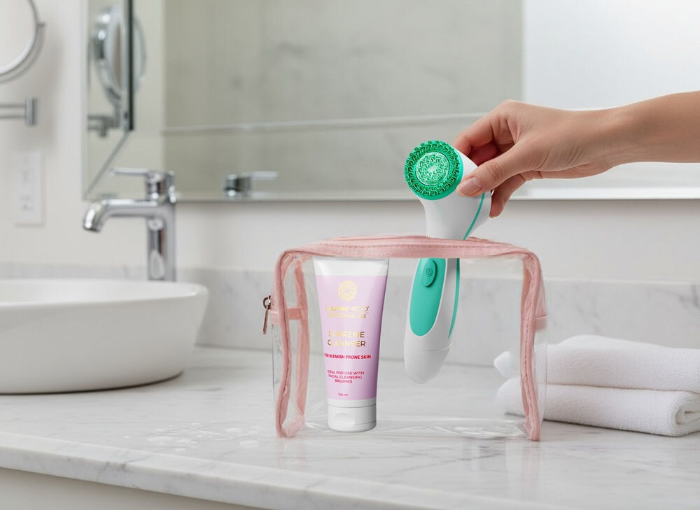 Szczoteczka do twarzy LUMINEO 868 Classic Turkusowy + Żel do skóry trądzikowej i problematycznej 100 ml lekka, poręczna, kompaktowe wymiary, do codziennej pielęgnacji, zawsze pod ręką