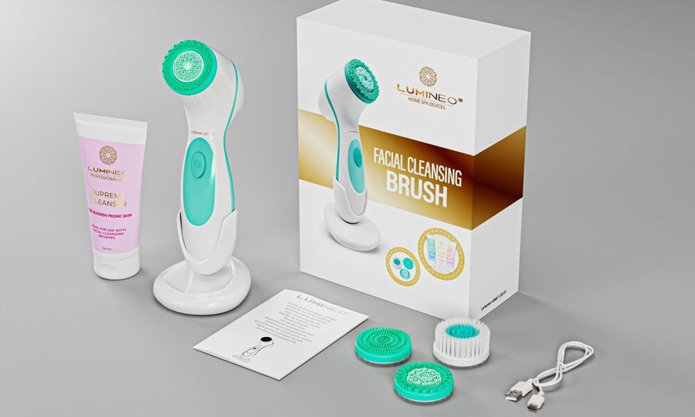 Szczoteczka do twarzy LUMINEO 868 Classic Turkusowy + Żel do skóry trądzikowej i problematycznej 100 ml zawartość zestawu, koniec opisu