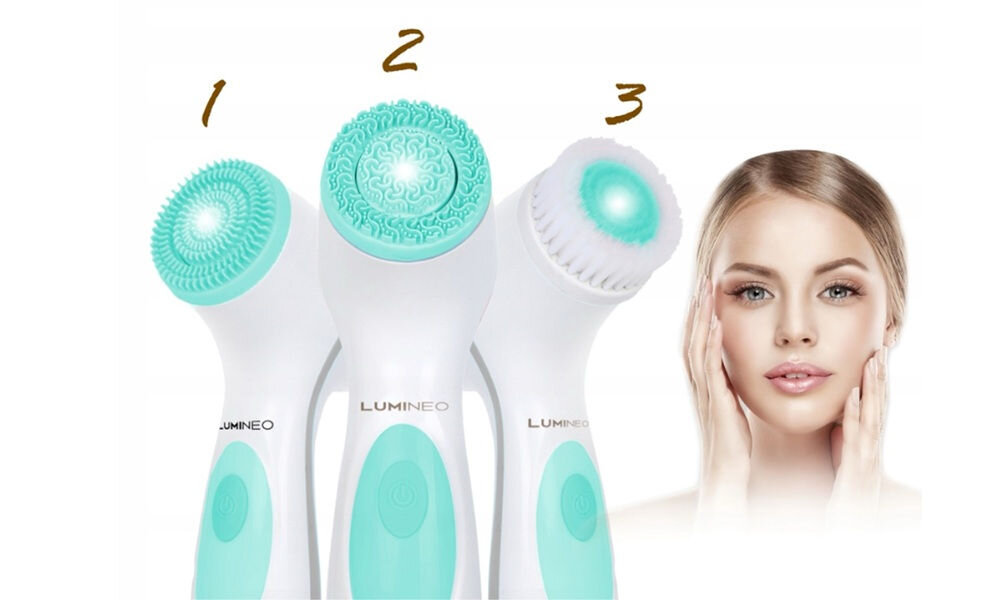 Szczoteczka do twarzy LUMINEO 868 Classic Turkusowy + Żel do skóry trądzikowej i problematycznej 100 ml z higienicznego silikonu, miękkie włosie, bezpieczeństwo i komfort, trzy wymienne głowice