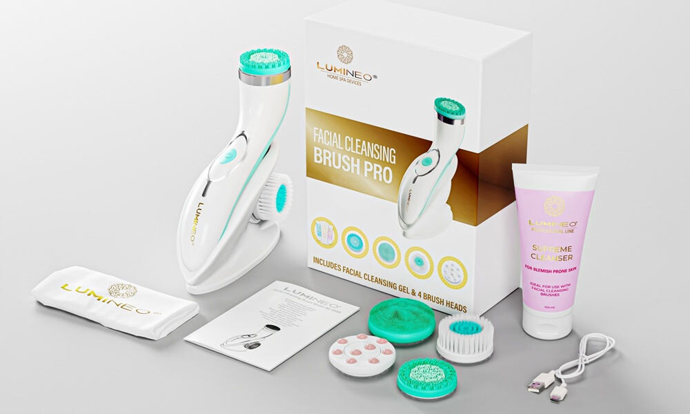 Szczoteczka soniczna do mycia twarzy LUMINEO 8688 Pro Turkusowy + Żel do skóry trądzikowej i problematycznej 100 ml zawartość zestawu, koniec opisu