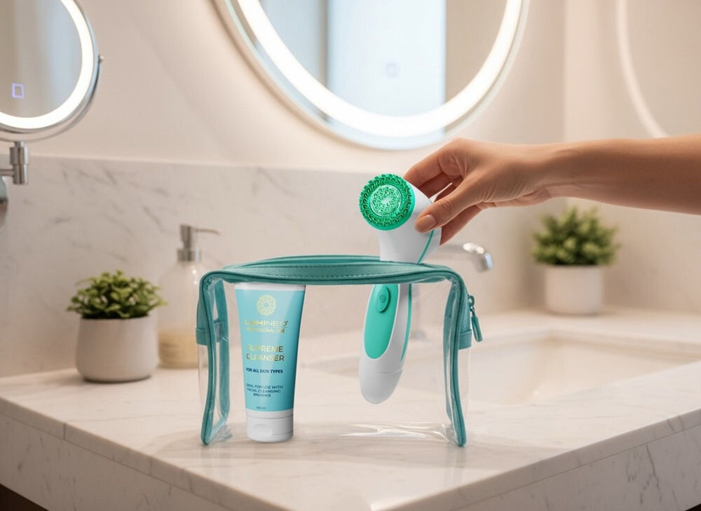 Szczoteczka do twarzy LUMINEO 868 Classic Turkusowy + Żel do wszystkich rodzajów skóry 100 ml lekka, poręczna, kompaktowe wymiary, do codziennej pielęgnacji, zawsze pod ręką